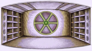 A glowing radioactive symbol glows on a metallic surface in a dim laboratory setting.