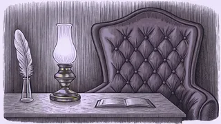 A quill and inkwell sit on a writing desk beside a glowing gas lamp and a wing-back chair.