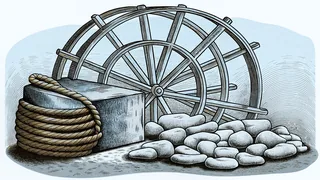 A wooden paddle wheel from a riverboat rests beside a rough block of rock salt and a coil of rope on smooth river stones.