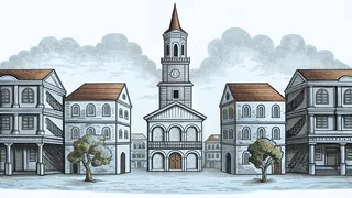 Historic colonial streets lined with jeweled boutiques and a brick church tower