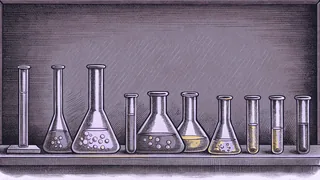 A chemistry laboratory with bubbling flasks and test tubes in progress.
