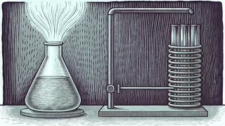 A glass beaker of fizzing liquid sits beside a lit burner flame and a coiled glass condenser.