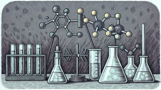 Laboratory displaying beakers of solutions and molecular models made of colored balls.