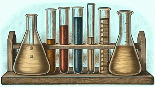 Bubbling beakers and test tubes with colorful chemical reactions.