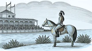 A Cheyenne warrior rides at a traditional rodeo with provisions nearby.