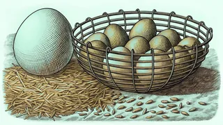 A wire basket holding eggs on straw, with scattered grain and one loose egg in front.