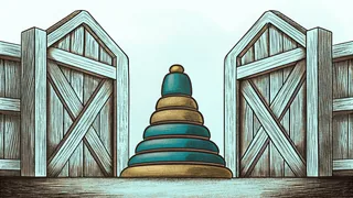 A stacking ring toy beside an open wooden crate.