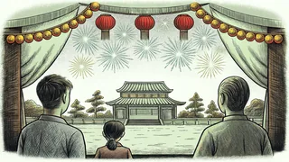 Red lanterns and exploding fireworks illuminate a street where a dragon-dance procession moves through crowds.