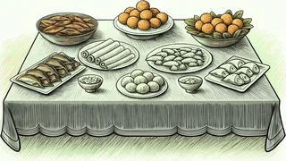 Traditional Chinese New Year delicacies and symbolic lucky foods arranged on a festive table.