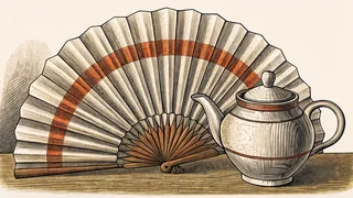 A porcelain teapot beside a fully opened folding paper fan on lacquered wood.
