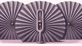 A brass tuning fork beside three folded paper fans arranged in a row.