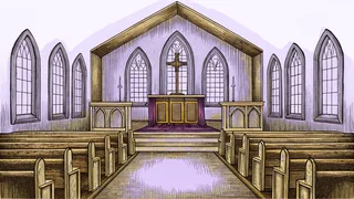 Streaming through tall windows, light illuminates wooden pews in a chapel