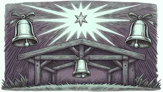 Displaying a manger with bells ringing, a nativity scene celebrates joyfully