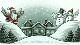 Santa and his magical companions gathered in a snowy Christmas scene with decorations.