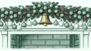 Glass baubles, a brass bell and pine garland strung above a hearth.