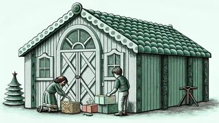 Mischievous elves crafting toys in magical workshop amid bells and colorful wrappings