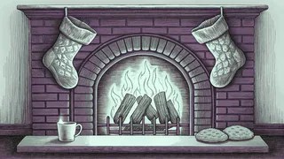 Fireplace aglow with cookies and milk, stockings hanging above filled with treats