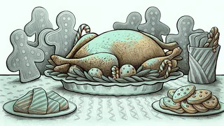 A roasted turkey surrounded by Christmas treats and holiday decorations.