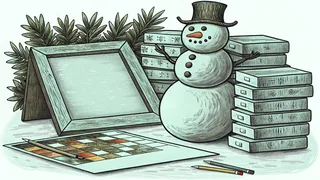 A cheerful snowman surrounded by board games and art supplies for holiday entertainment.