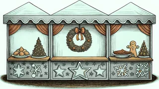 Market vendor display decorated with wreath, baked treats, and roasted goose