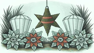 Festive piñata suspended above red poinsettias with paper lanterns glowing beneath