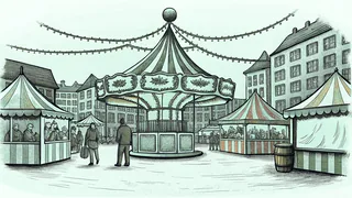 Crowded Christmas market with spinning carousel horse, vendor stalls, and holiday wreaths