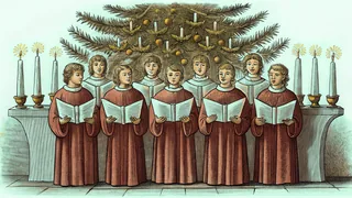 A festive choir singing in robes beneath twinkling holiday lights.
