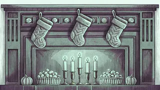 Festive stockings hung above fireplace hearth, bulging with sweets and small gifts