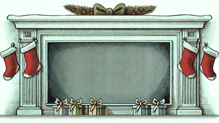 A fireplace mantel displays red stockings filled with candy and small wrapped gifts.