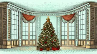 A Christmas tree adorned with lights and garlands stands next to stacked gift boxes with red bows.
