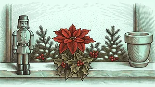 A carved wooden nutcracker stands on a wooden shelf beside a red poinsettia and sprigs of holly among small evergreens, with an empty clay pot at the far end.