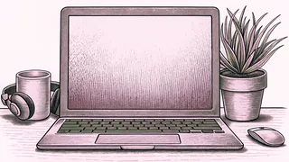 A laptop and coffee mug sit on a desk next to office headphones and a plant.