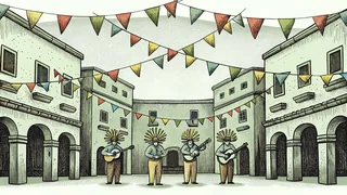A festive street celebration with musicians, a piñata, and decorations.