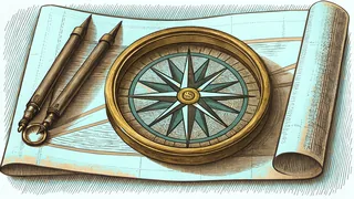 A brass compass and protractor draw geometric circles and measurements on parchment.