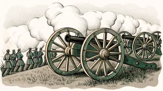 Civil War soldiers and artillery on a misty battlefield with fortifications and smoke in the distance.