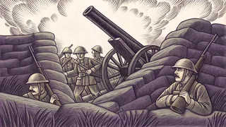 Civil War soldiers with rifles in trenches beside cannon on battlefield