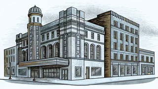 A vintage theater facade beside historic military fortifications.