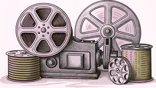 A hand-cranked film projector stands between stacked film reels and round metal canisters.