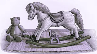 A rocking horse stands on a nursery rug beside a spinning top and a cloth doll.