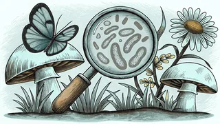 An insect, flowering plant, and mushroom displayed with a magnified microorganism.
