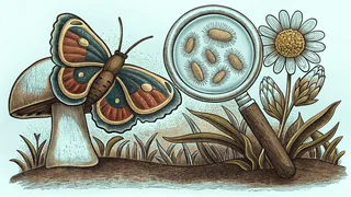 An insect, flowering plant, and mushroom displayed with a magnified microorganism.