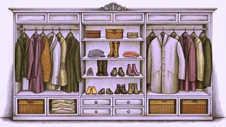 A wardrobe display shows jackets and coats on racks with boots and shoes on shelves below and scarves overhead.