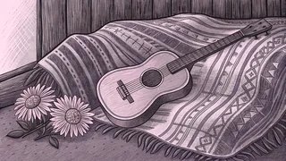A painted marigold blossom stands beside an acoustic guitar on a woven blanket against a rustic adobe wall.