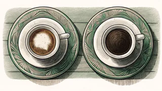 Hot cappuccino and espresso in cups at a coffee bar.