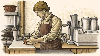 Preparing espresso with beans and grinder, a barista works at a coffee counter