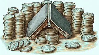 An open wallet surrounded by stacked coins: pennies, nickels, dimes, and quarters.