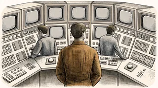 Technicians monitoring vintage computer screens in a space mission control room.