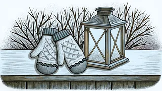 Wool mittens rest on a snowy railing beside a frosted lantern and bare branches.