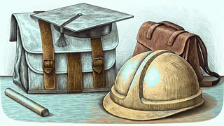 A graduation cap rests on a desk beside a packed backpack and a construction hard hat.