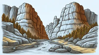Red rock formations frame a dramatic waterfall with snow-capped mountains rising behind